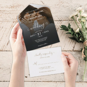 Romantic Black Gold Photo Wedding All In One Invitation