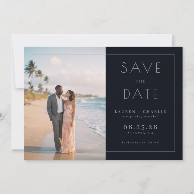 Romantic Black Minimalist Photo Save The Date (Front)