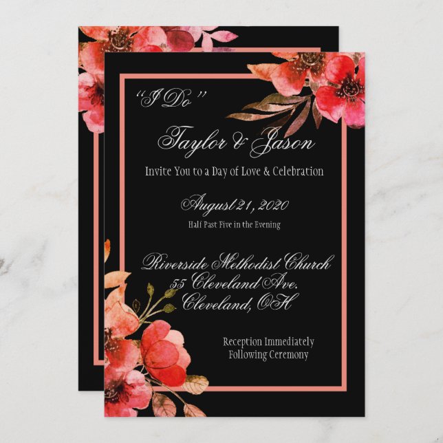 Romantic Black & Orange Floral Script Wedding Invitation (Front/Back)