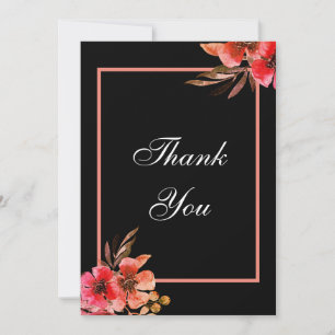 Romantic Black Orange Peach Floral Script Wedding Thank You Card