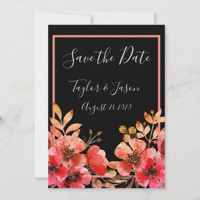 Romantic Black Peach Coral Floral Script Wedding Save The Date (Front)