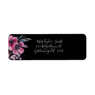 Romantic Black & Pink Floral Script Wedding Addres Return Address Label