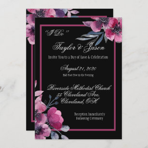 Romantic Black & Pink Floral Script Wedding Invitation