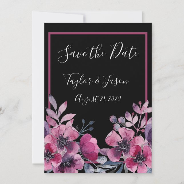 Romantic Black & Pink Floral Script Wedding Save The Date (Front)