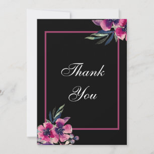 Romantic Black & Pink Floral Script Wedding Thank You Card