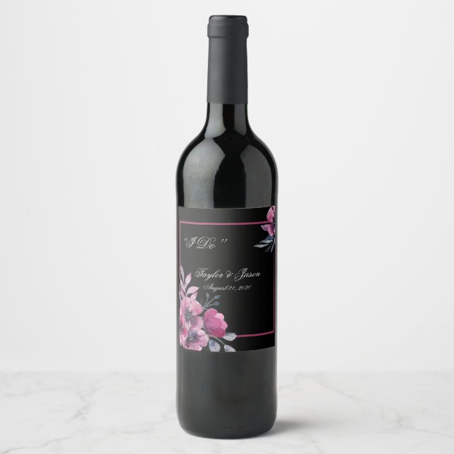 Romantic Black & Pink Floral Script Wedding Wine Label (Front)