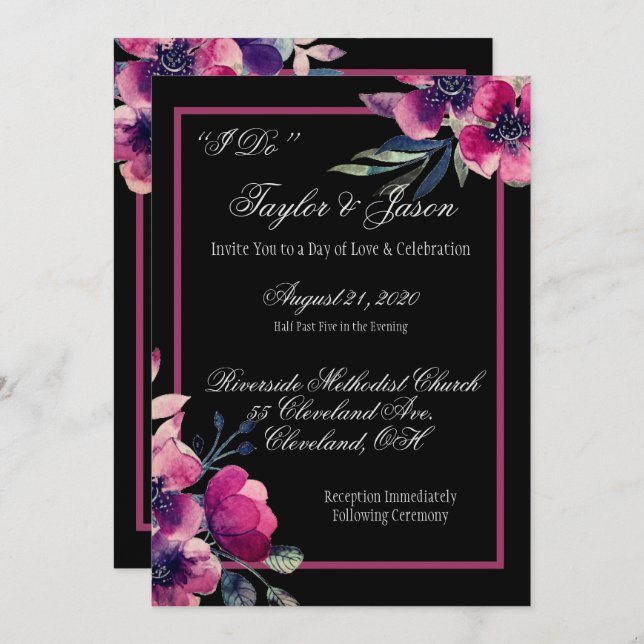 Romantic Black & Pink Floral Wedding Script Invitation (Front/Back)