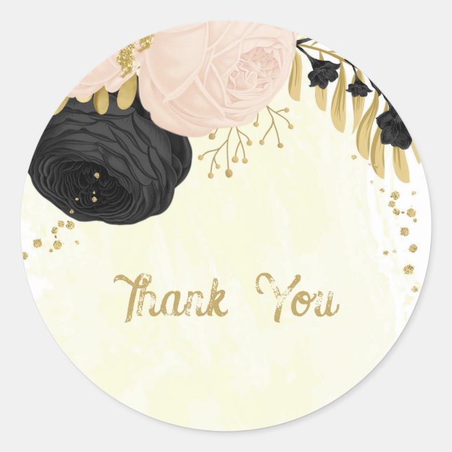 Romantic black & pink flowers gold wedding classic round sticker (Front)