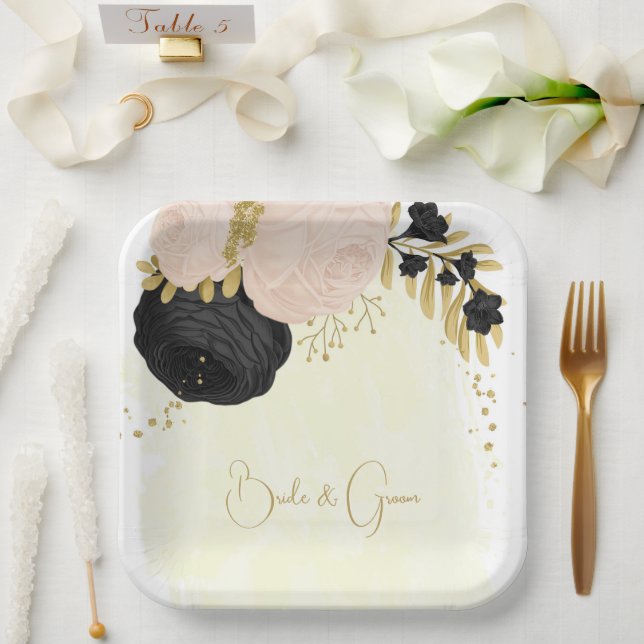 Romantic black & pink flowers gold wedding paper plate (Wedding)