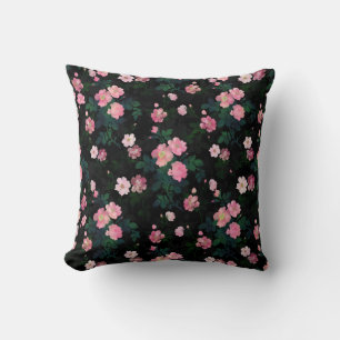 Romantic Black Pink Roses Floral Painting Cushion