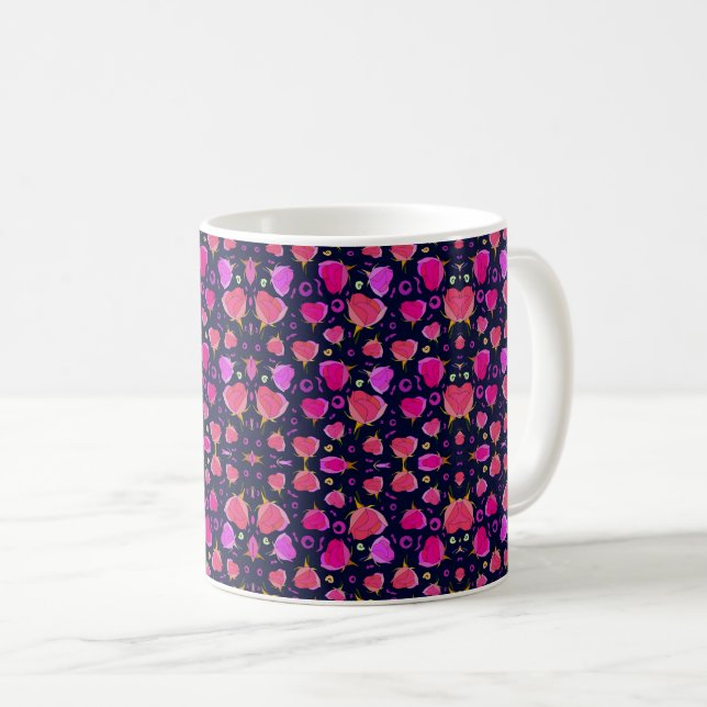 Romantic Black, Red, and Pink Roses Pattern Coffee Mug (Front Right)