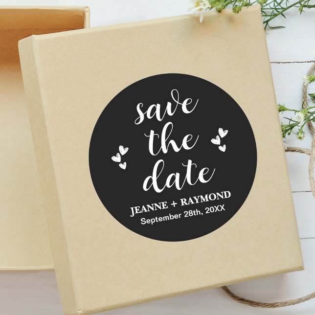 Romantic Black Save The Date Wedding Announcement  Classic Round Sticker (Creator Uploaded)