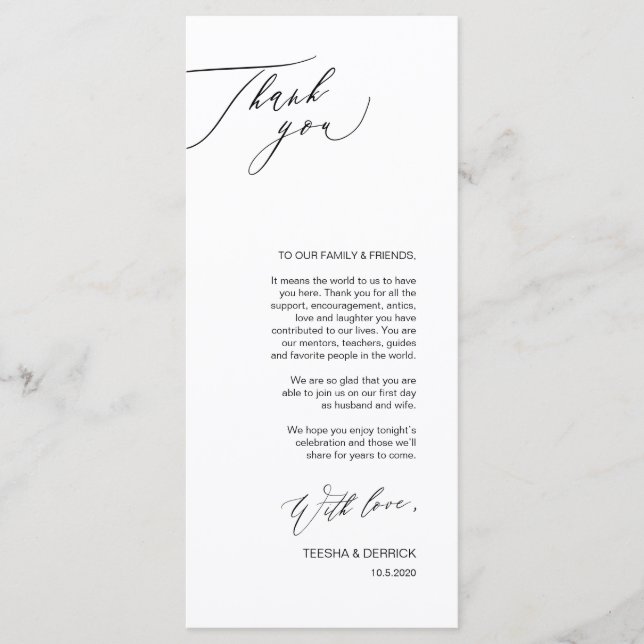 Romantic Black Script Place Setting Thank You Card (Front)