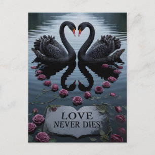 Romantic Black Swans Heart Reflection with Text Holiday Postcard