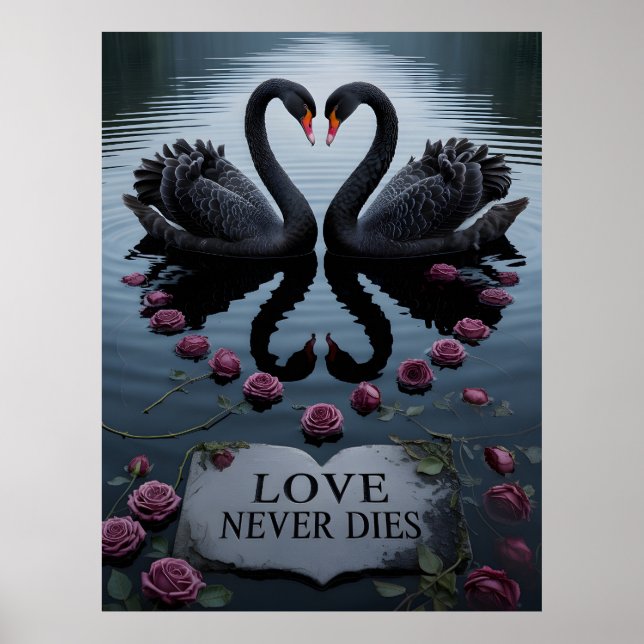 Romantic Black Swans Heart Reflection with Text Poster (Front)
