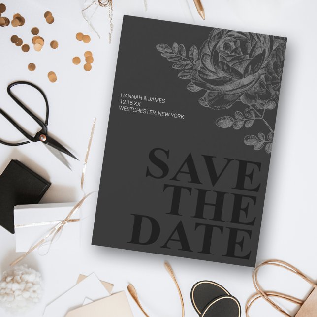 Romantic Black White Floral Save the Date Invitation (Creator Uploaded)