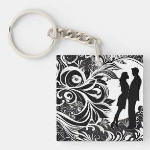 Romantic Black & White Floral Silhouette Couple Key Ring