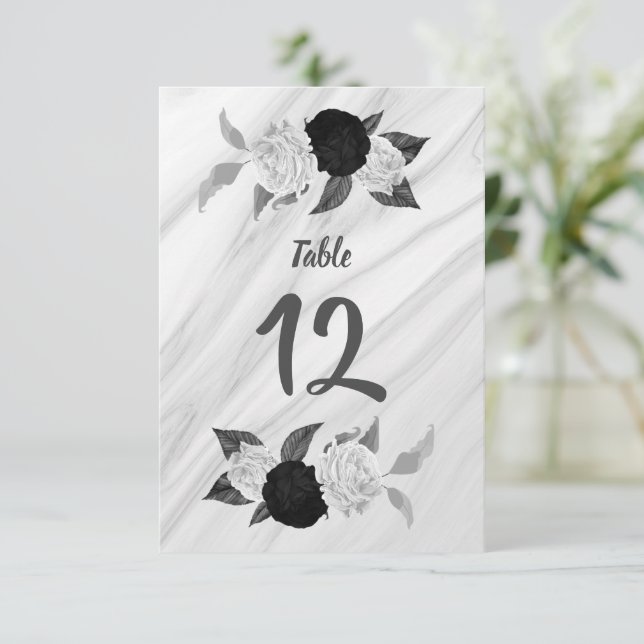 Romantic black & white floral table number (Standing Front)