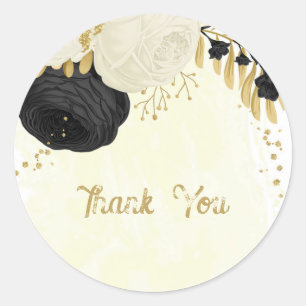 Romantic black & white flowers gold classic round sticker