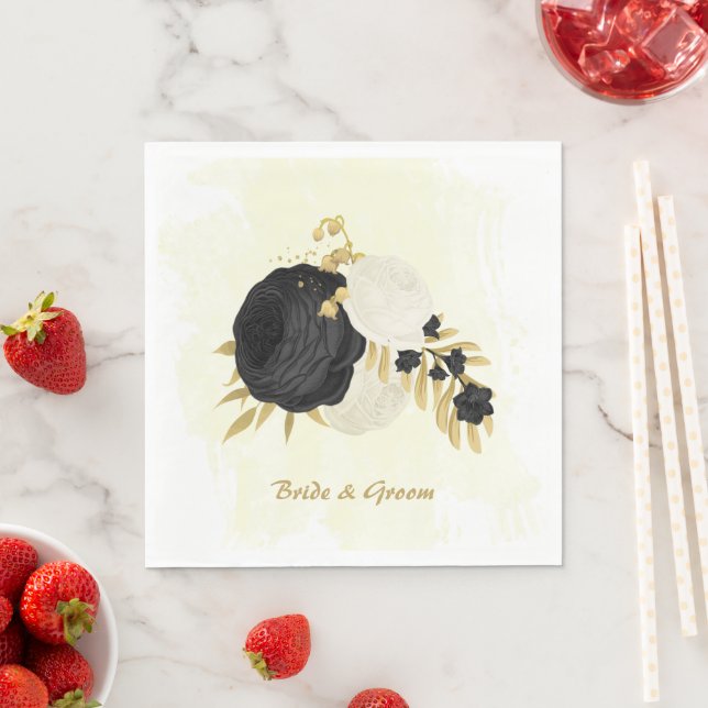 Romantic black & white flowers gold napkin (Insitu)