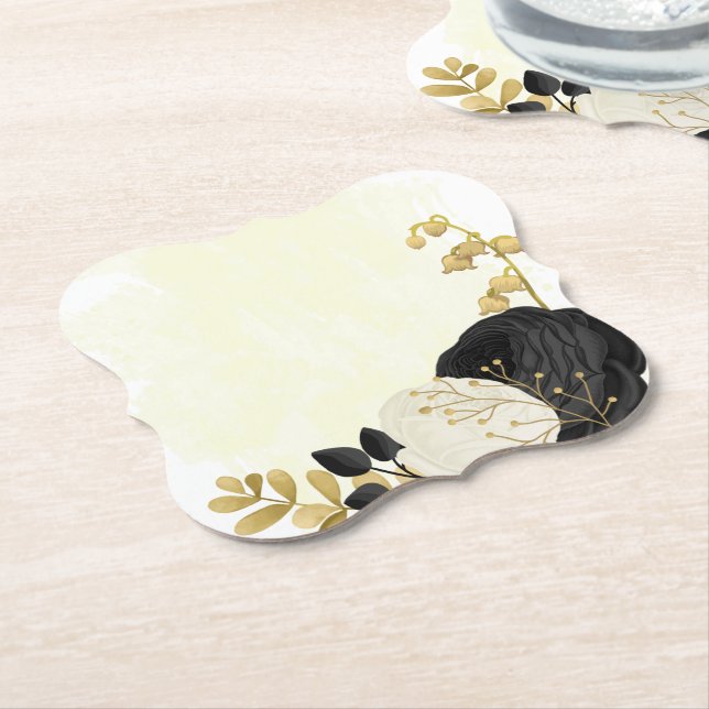 Romantic black & white flowers gold paper coaster (Angled)