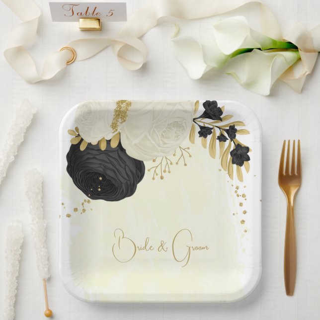 Romantic black & white flowers gold paper plate (Wedding)