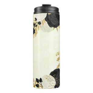 Romantic black &white flowers gold thermal tumbler