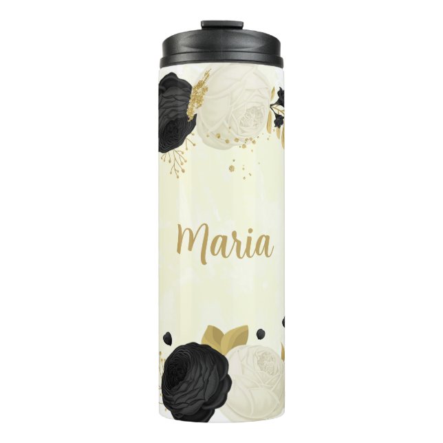 Romantic black &white flowers gold thermal tumbler (Front)