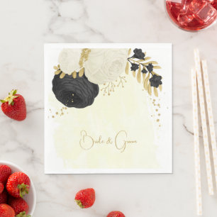 Romantic black & white flowers gold wedding napkin
