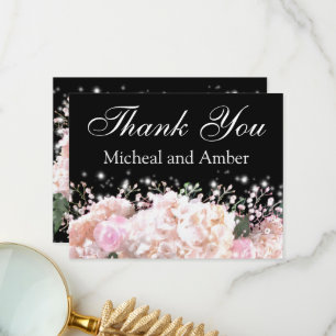 Romantic black & white lace hydrangeas pink roses thank you card