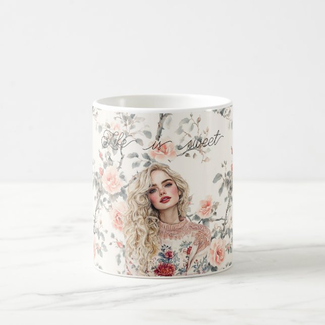 Romantic Blond Hair Girl Peach Roses Floral Coffee Mug (Center)