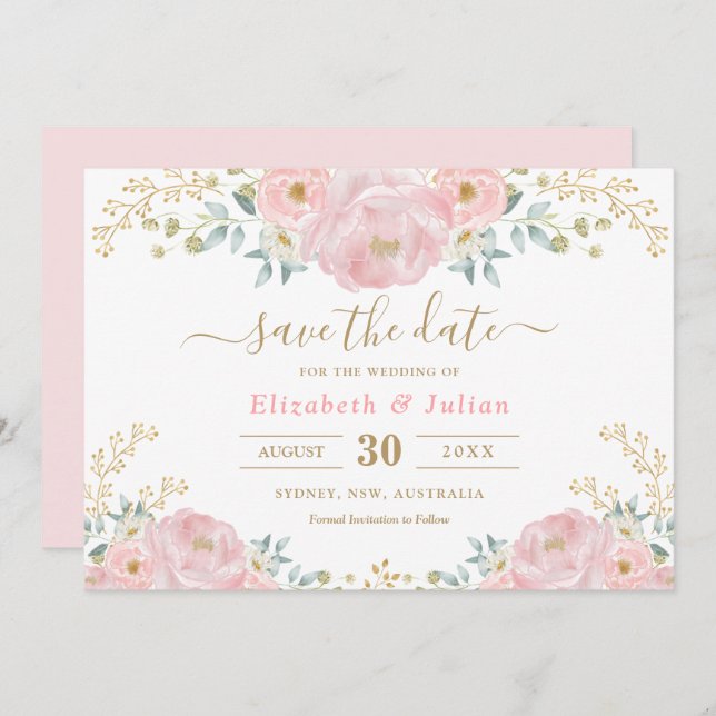 Romantic Bloom Soft Pink Gold Floral Save the Date Invitation (Front/Back)