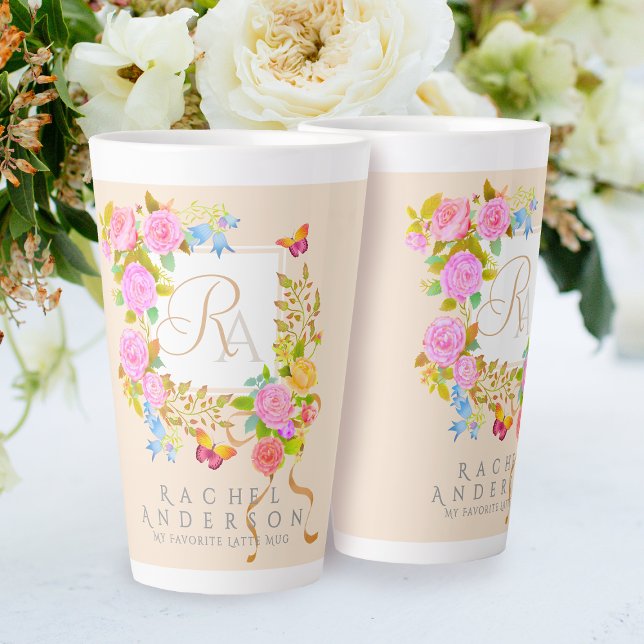 Romantic  Blooming Garden Monogram Beige Latte Mug (Elegant romantic flowers monogram design.)