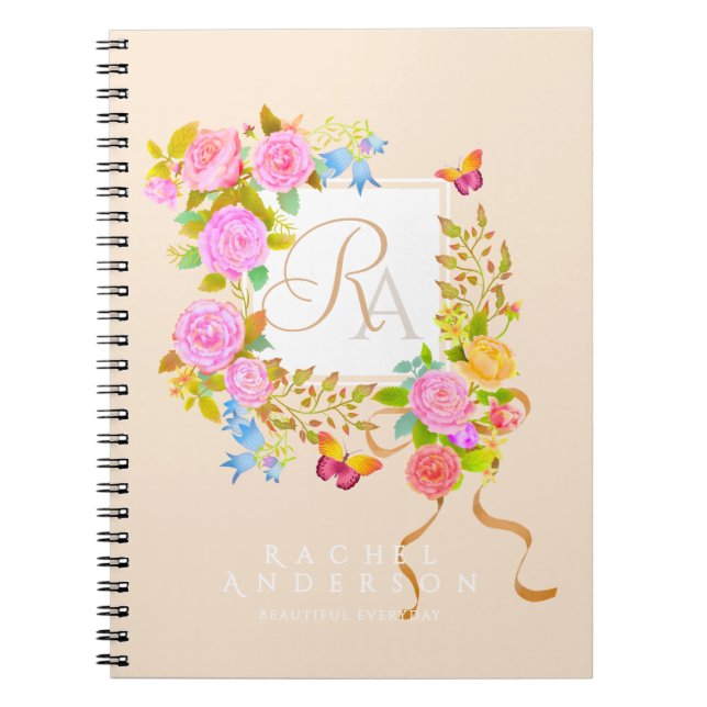 Romantic Blooming Garden Monogram Beige Notebook (Front)