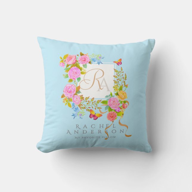 Romantic Blooming Garden Monogram Blue Cushion (Front)