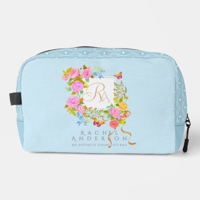Romantic Blooming Garden Monogram Blue Dopp Kit (Front)