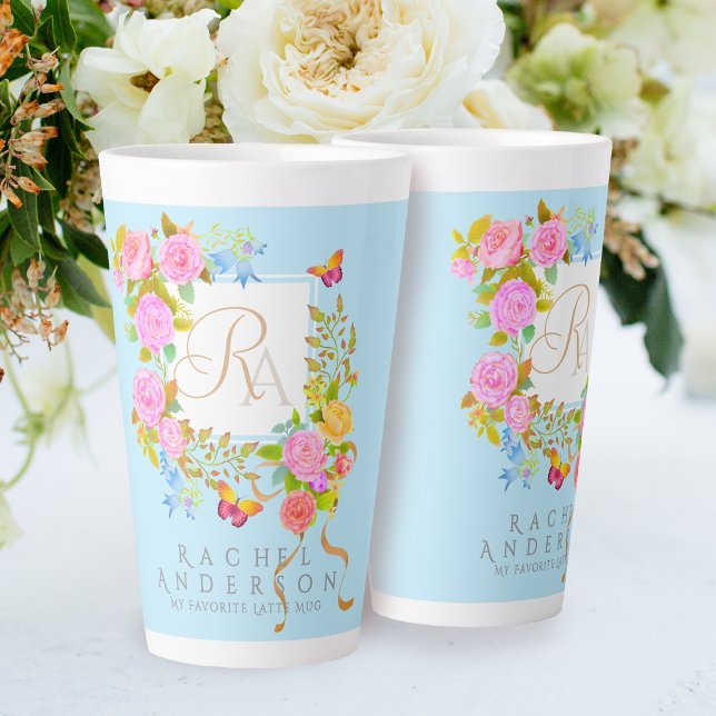 Romantic Blooming Garden Monogram Blue Latte Mug (Elegant romantic flowers monogram design.)