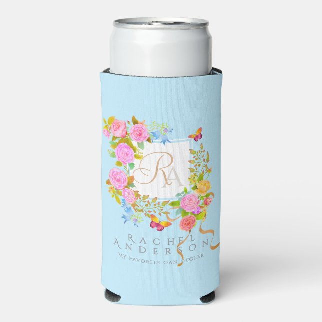Romantic Blooming Garden Monogram Blue  Seltzer Can Cooler (Seltzer Front)
