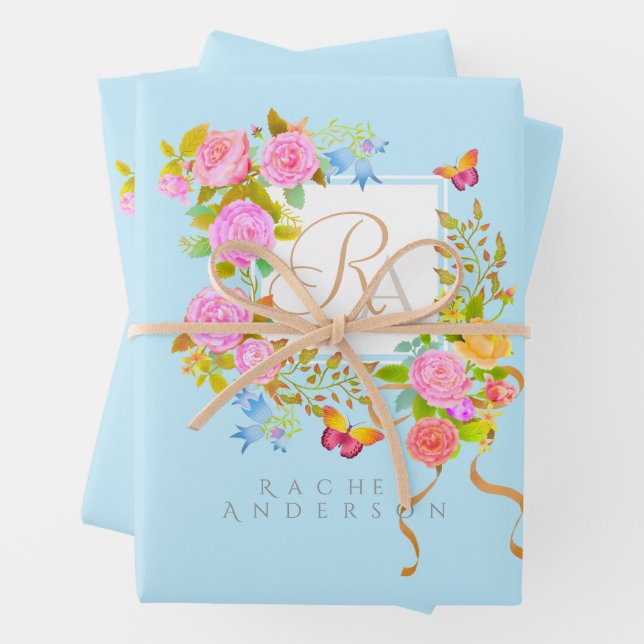 Romantic Blooming Garden Monogram Blue  Wrapping Paper Sheet (In situ)