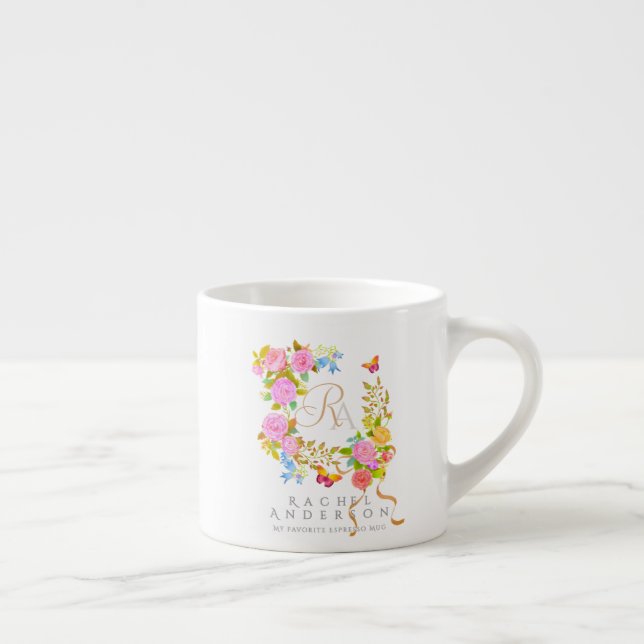 Romantic Blooming Garden Monogram  Espresso Cup (Right)