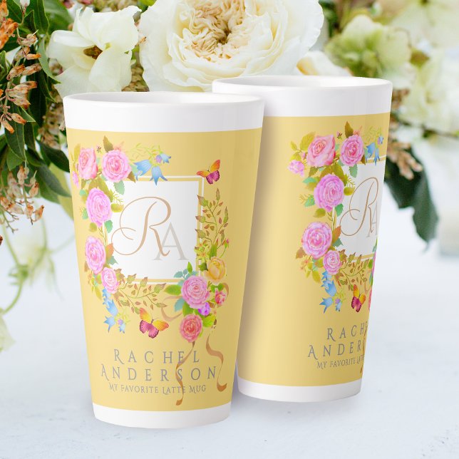 Romantic Blooming Garden Monogram Gold Latte Mug (Elegant romantics garden monogram.)