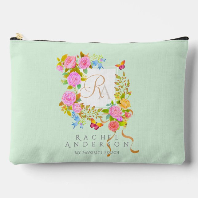 Romantic Blooming Garden Monogram Green Accessory Pouch (Front)