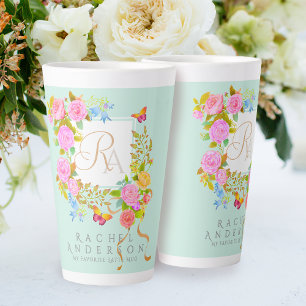 Romantic Blooming Garden Monogram Green Latte Mug