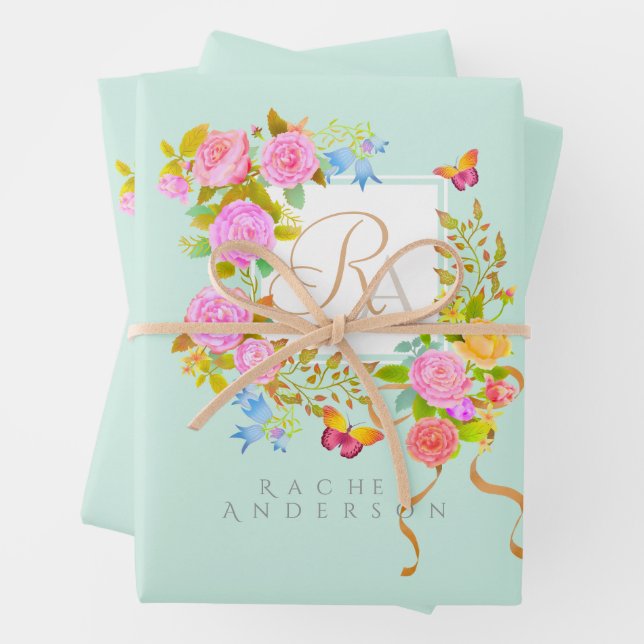 Romantic Blooming Garden Monogram Green Wrapping Paper Sheet (In situ)