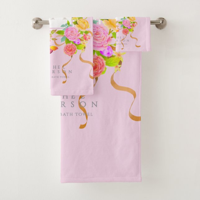 Romantic Blooming Garden Monogram Pink Bath Towel Set (Insitu)