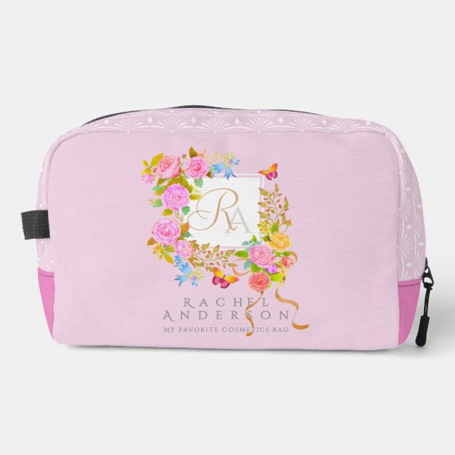 Romantic Blooming Garden Monogram Pink Dopp Kit (Front)