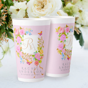 Romantic Blooming Garden Monogram Pink Latte Mug