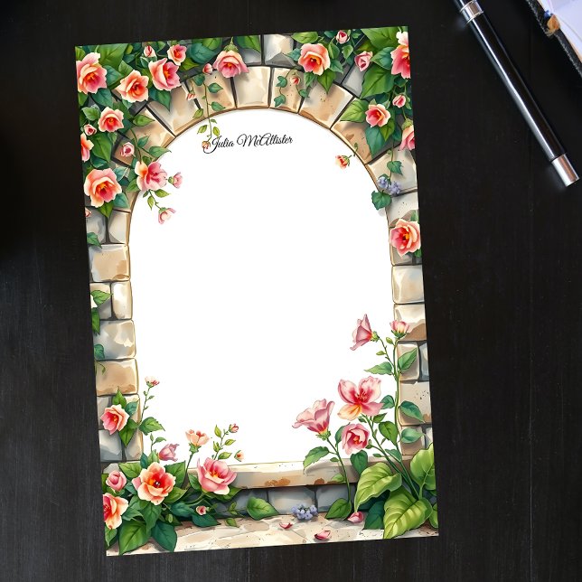Romantic Blooming Roses Under Stone Arch Stationery (Creator Uploaded)