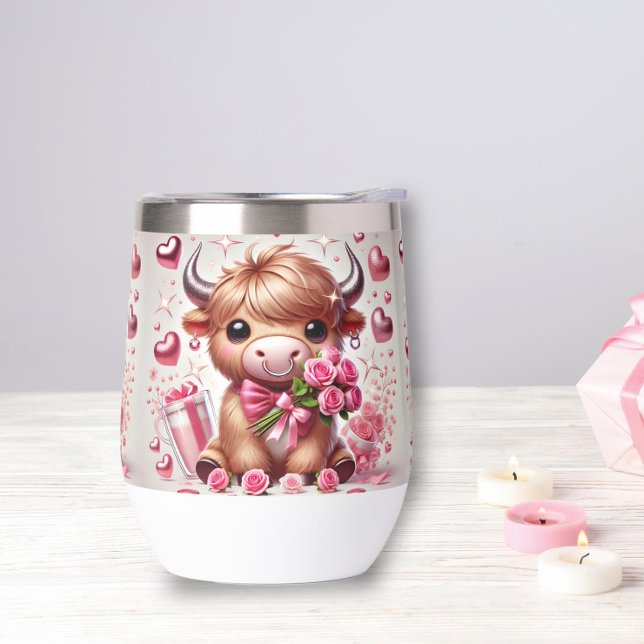 Romantic Blooms Highland Cow Stemless Wine Tumbler (Creator Uploaded)