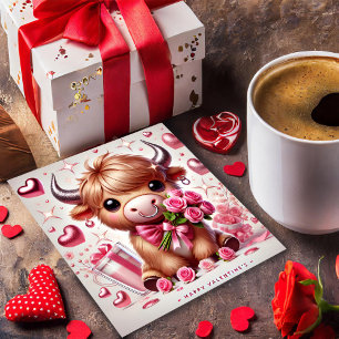 Romantic Blooms Highland Cow Valentine's Holiday Card